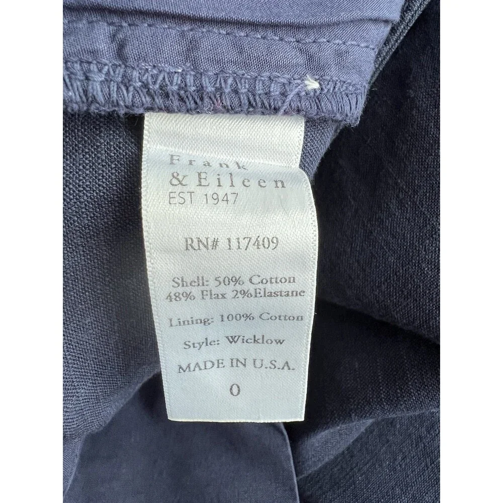 Frank & Eileen Wicklow Pants Straight Cut Cropped Raw Hem Stretch Navy Size 2